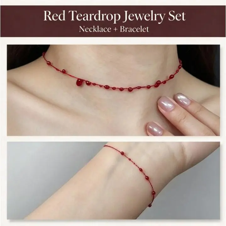 1/2 PCS  Red Blood Drop Tiny Seed Bead Jewelry Set, Stackable Multi Layer Necklace & Bracelet, Minimalist Trendy Unisex Aesthetic Accessories