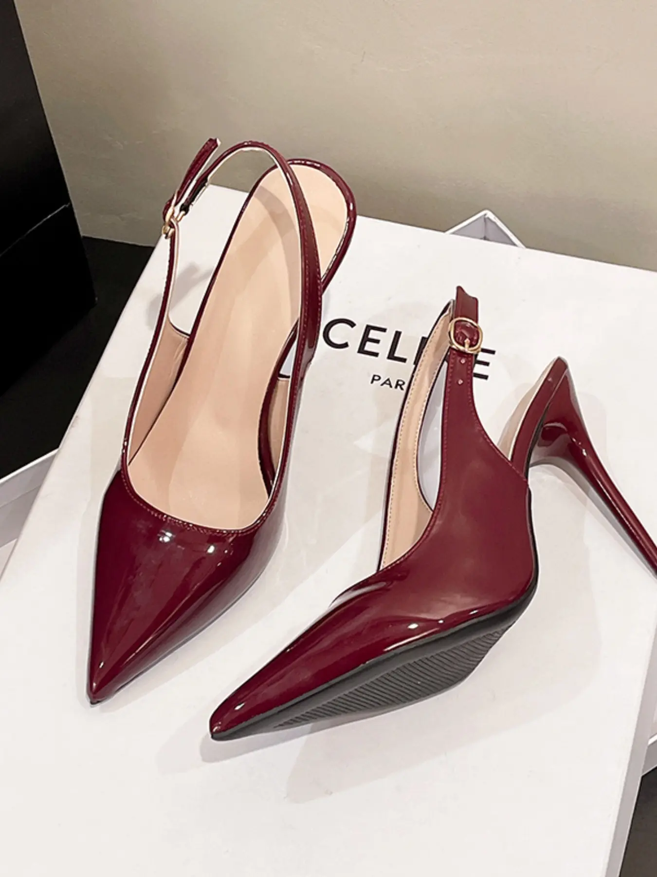 Women Patent PU Pointed Toe D'Orsay Slip On Stiletto Heel Pumps, Soft Cushioned Anti-Slip High Heels, Wedding Party Date Formal Footwear, 5 Colors White Black Nude Red Hot Pink, Shiny Wedding Shoes