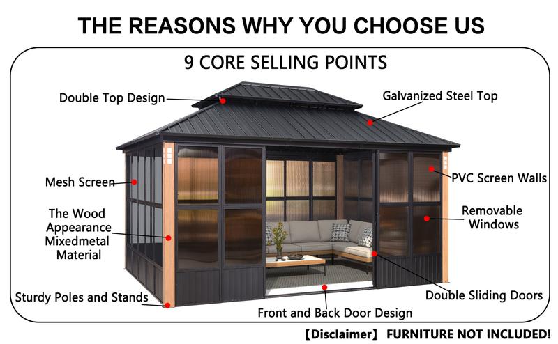 PURPLE LEAF 12' x 16' Hardtop Gazebo For Patio | Screen House Wood Grain Aluminum Solarium Canopy