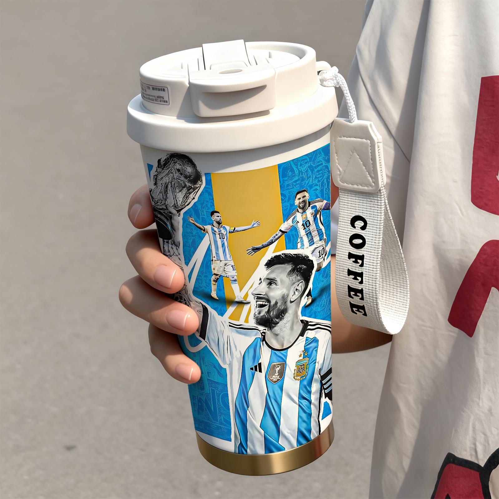 1 Pc insulated mug Messi Argentina champion vacuum cup, double wall stainless steel leak-proof travel coffee tumbler for hot cold drinks, keeps warm 12 h/cold 24 h, 18oz soccer fan thermal mug for women and men, world football lover holiday birthday gift