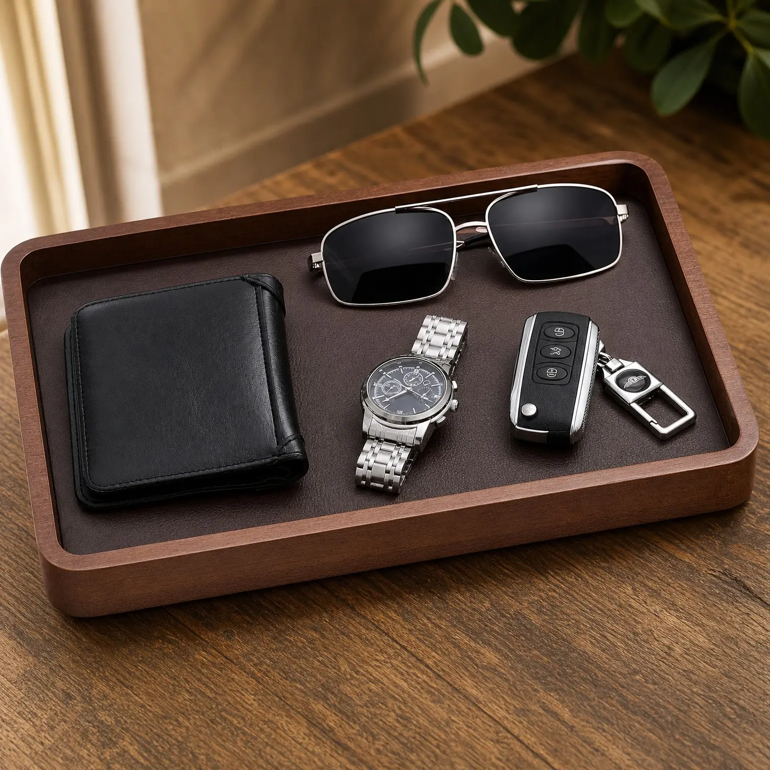 Wood Valet Tray for Men - Dark Brown Catch-All EDC Tray for Desk, Nightstand & Entryway, Holds Keys, Wallets, Watches, Phones & CoinsGift