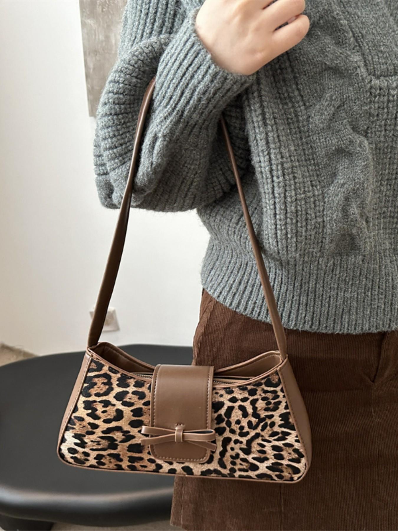 Leopard Print Fashion Trendy Bowknot Decorative Shoulder Bag, Stylish High-End Commuter Backpack, Unique Personality Design