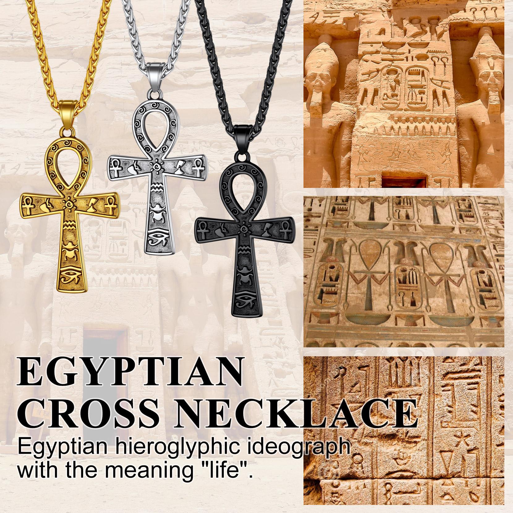 FaithHeart Egyptian Ankh Cross Pendant Necklace With Hieroglyphic Ideograph
