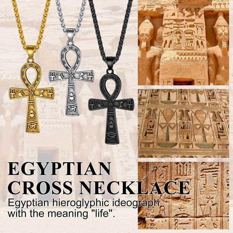 FaithHeart Egyptian Ankh Cross Pendant Necklace With Hieroglyphic Ideograph