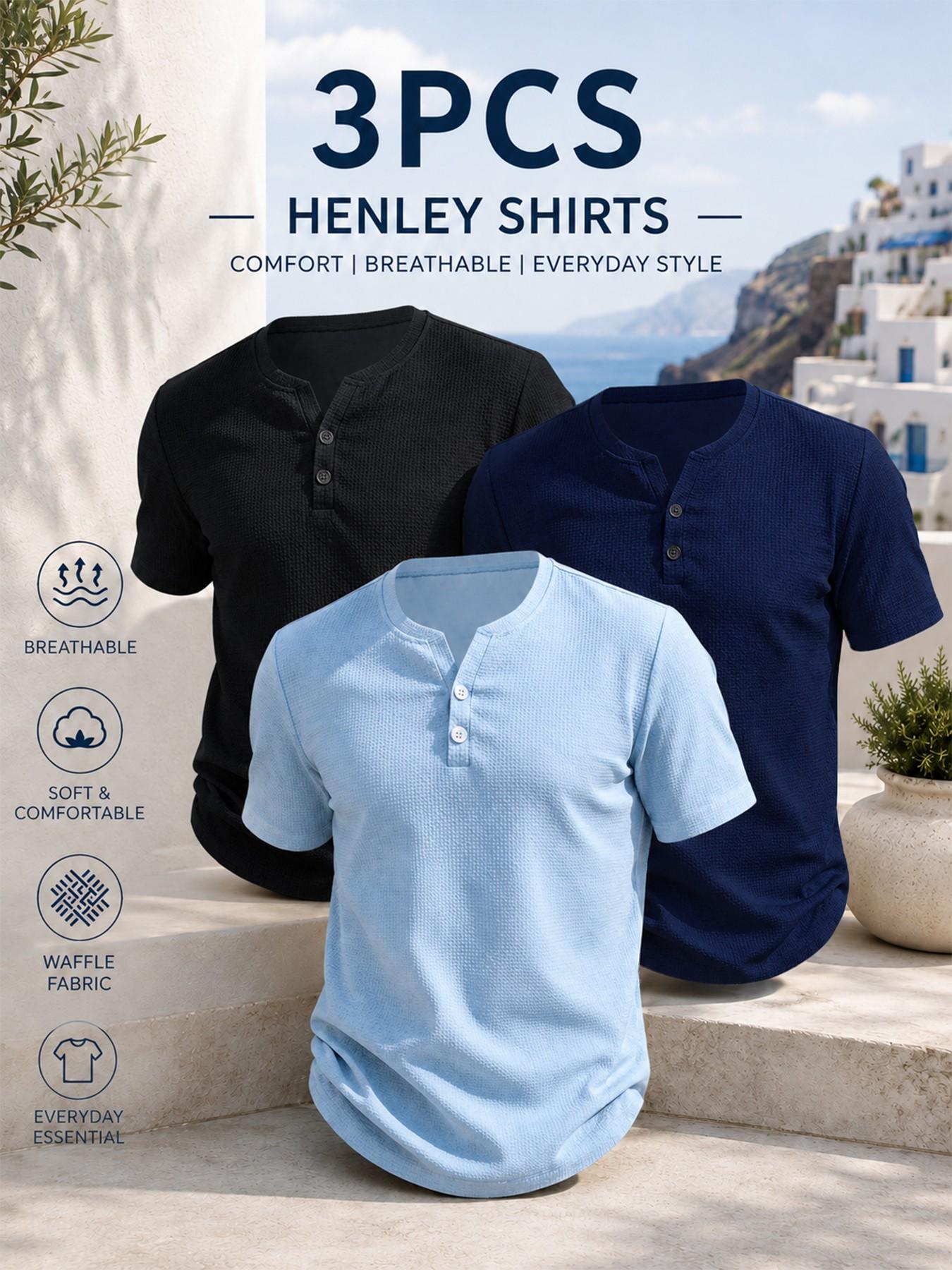 3pcs Men’s Waffle Knit Henley Shirt, Textured 2-Button Casual T-Shirt, Lightweight Breathable Summer Top, Slim-Fitting Long Sleeve, Menswear