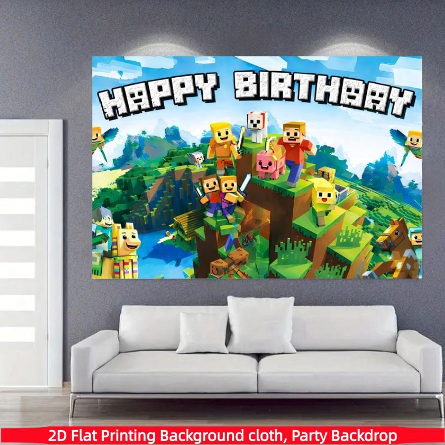 Pixel game birthday party background banner, happy birthday decoration, polyester material, suitable for birthday party decoration, stage and room decoration, home decoration, holiday party supplies, photo booth background, indoor/outdoor decoration