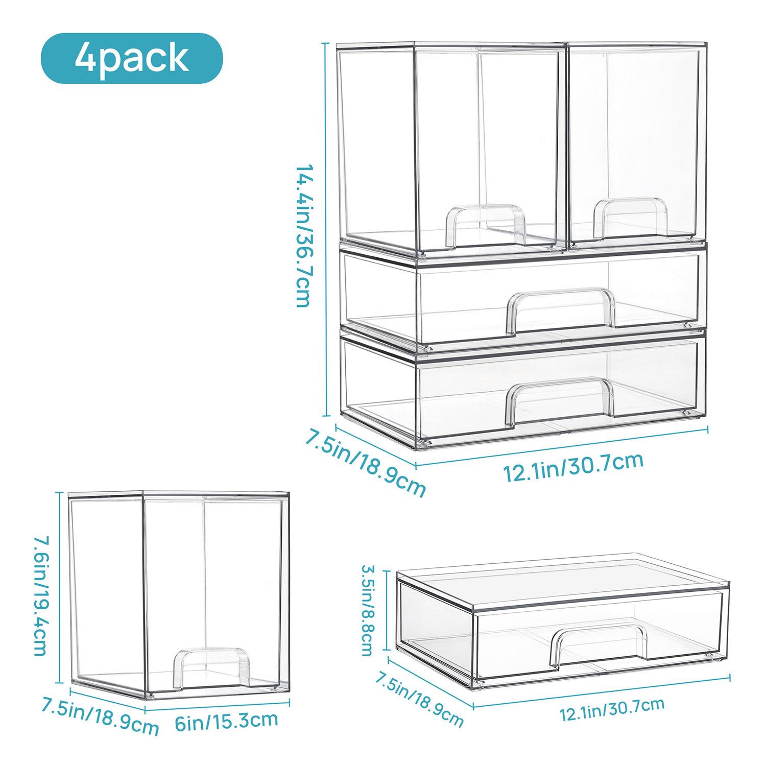 Stackable Storage Drawer Set (4 Pieces), Transparent Plastic Organizer Boxes, Makeup Box Organizer, Ideal for Cosmetics & Beauty Products, Bathroom, Cabinet, Food Storage