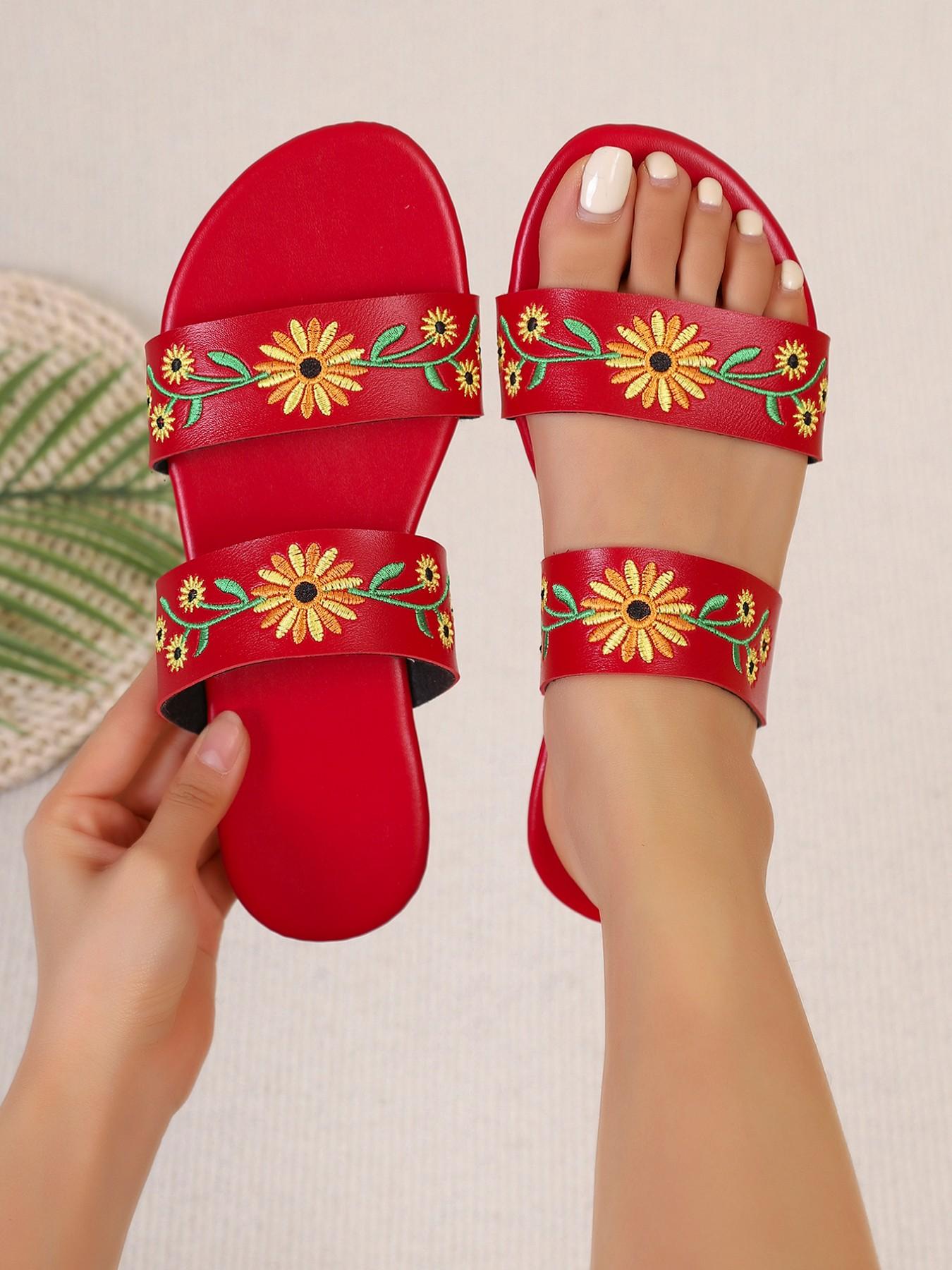 Ethnic Sunflower Embroidered Sandals, Soft Sole Comfortable Flip Flops, Multi-Color Options, Beach Vacation Casual Shoes