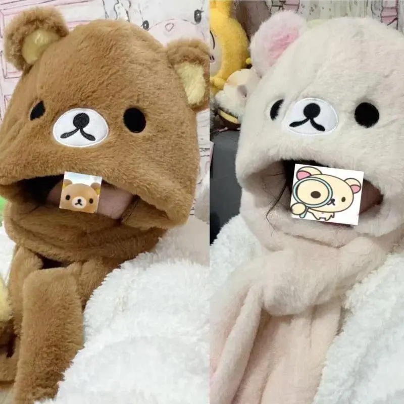Cute Rilakkumaed Bear Hat Scarf Gloves Set Women Soft Fleece Winter Warm Hoodie 3-Piece Set Cozy Bear Girl Design Accessories