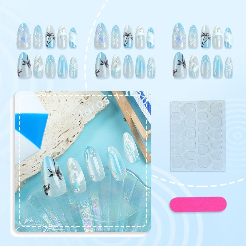 Summer Island Style Blue Cat Eye Nail Tips, 3D Starfish Shell Palm Decor, Transparent Gradient Wave Pattern, Medium-Length Almond Nails