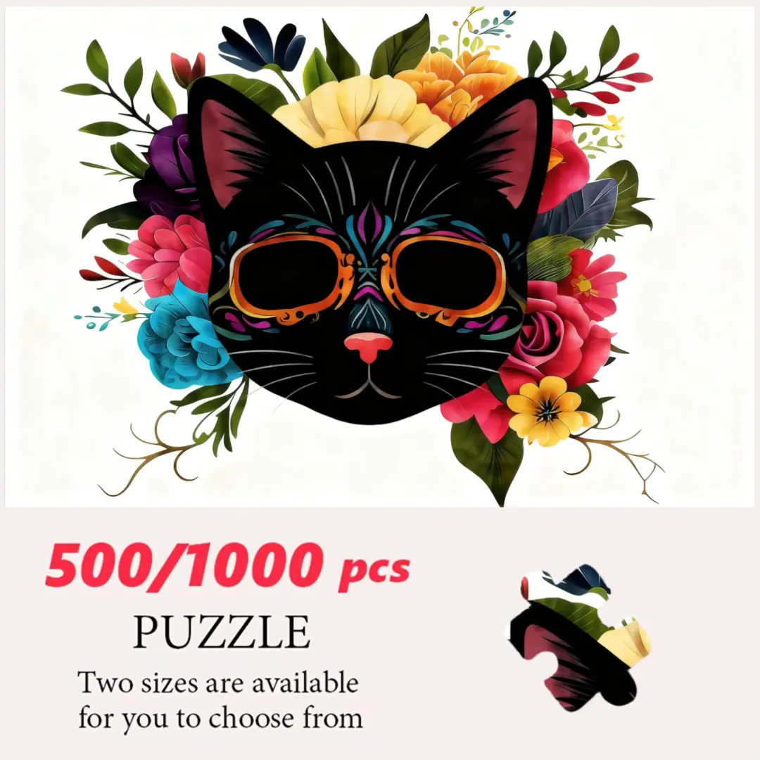 500/1000 Piece Puzzle, Premium Quality Cardboard, Vibrant Floral Cat Art For Relaxation And Mindfulness, Adult Jigsaw Enthusiasts And Home Decor Lovers, Perfect Gift For Birthdays And Holidays