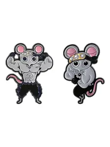 2-Pack Demon Slayer Anime Pins, Muscle Rat Battle Pose Design, Tanjiro Headscarf Theme Badges, Fun Display & Humorous Expression, Muscle Mouse