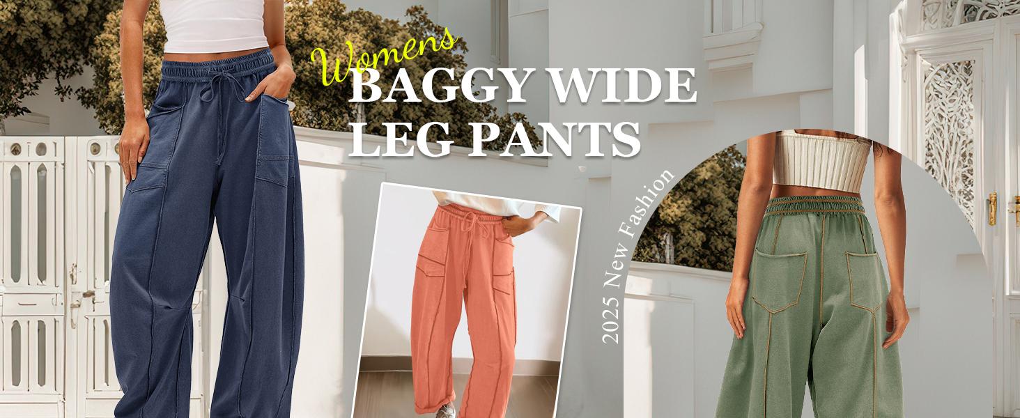 Yeokou Womens Baggy Wide Leg Pants Casual Summer Palazzo Pants Drawstring Waist Lounge Pants with Pockets