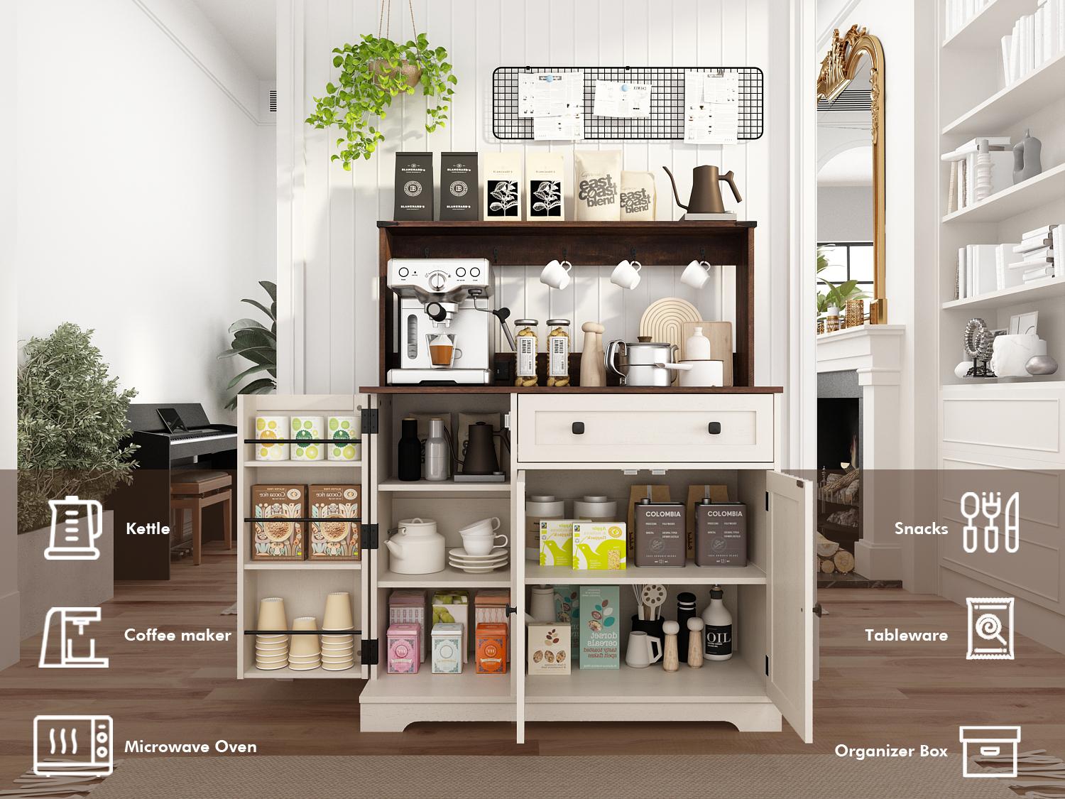 PieDle 39" Rustic Coffee Bar Cabinet with Drawer, Charging Station & Adjustable Shelves, Kitchen Hutch Sideboard for Dining Room Storage