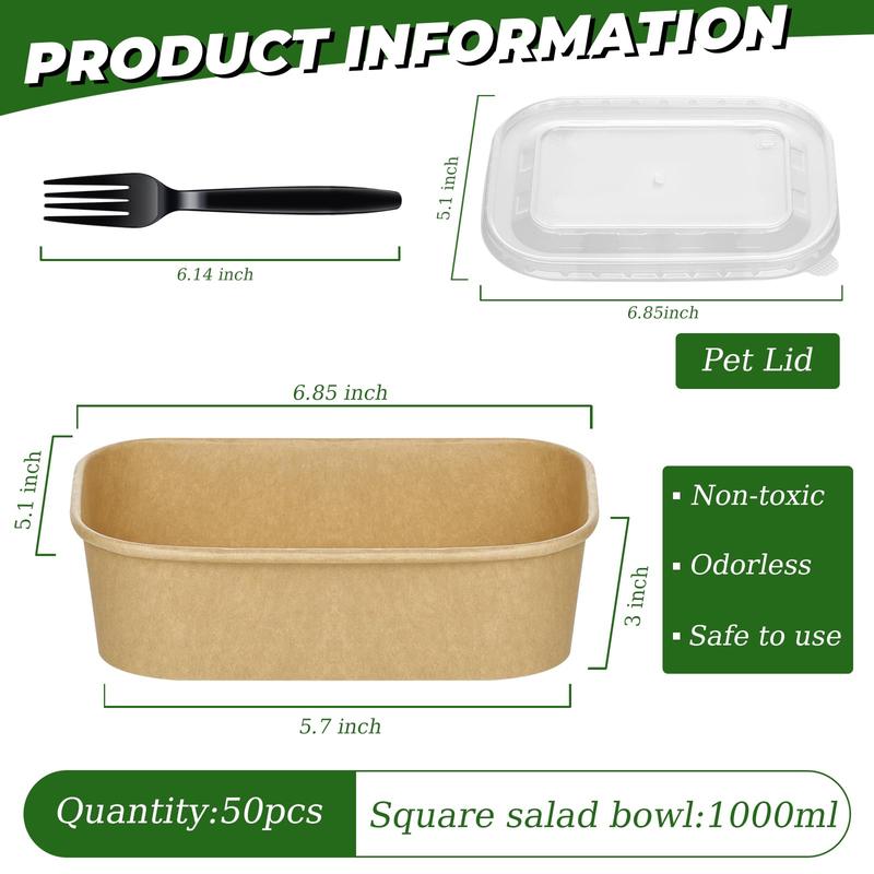 50Pack Disposable Kraft Paper Bowls with Lids and Forks,35oz Square/36oz Round,Meal Prep Containers Disposable Large Paper Bowls, Leakproof Food Containers Treat Soup Serving Bowl, Microwave Safe for Hot/Cold Food Clamshell Takeout Tray Compostable Arc Cu