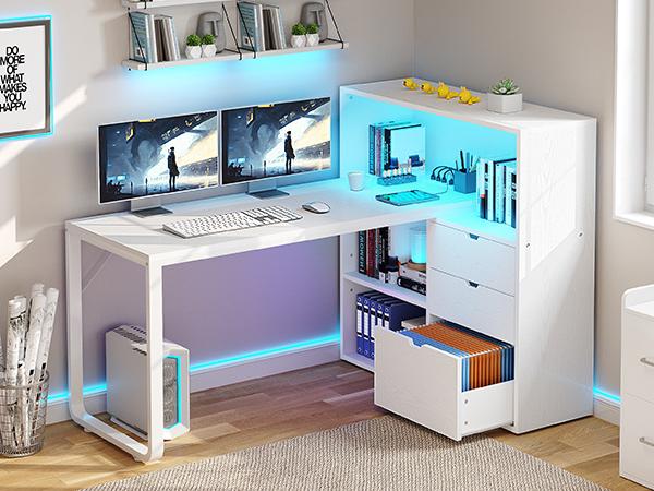 Yitahome L Shaped Desk with Power Outlets & LED Lights & File Cabinet, 55" Corner Computer Desk with 3 Drawers & 3 Storage Shelves, Home Office Desk with Bookshelf