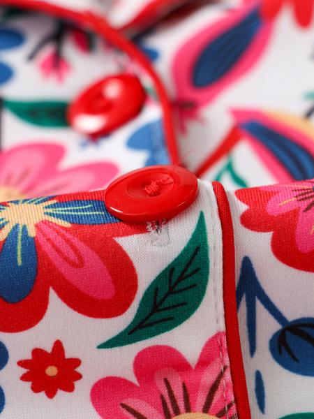 Women's Floral Print Pajama Set, Lapel Button Long Sleeve Top & Loose Comfortable Pants, Casual Fitted Sleepwear & Loungewear for All Seasons