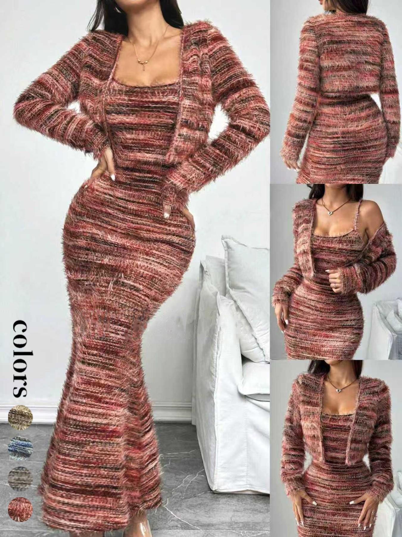 New Fall Winter Vintage Colorblock Knit Set, Casual Elegant Cardigan Long Sleeve Jacket and Dress, Women's Fashion