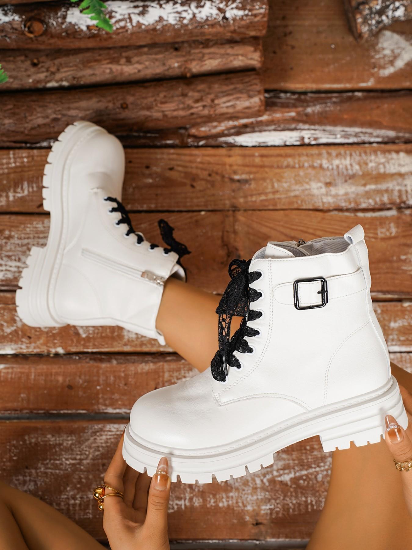 British Style Lace-Up Boots for Women, Vintage Buckle Motorcycle Boots, Slimming and Height-Increasing Short Boots, Versatile Fashion Footwear