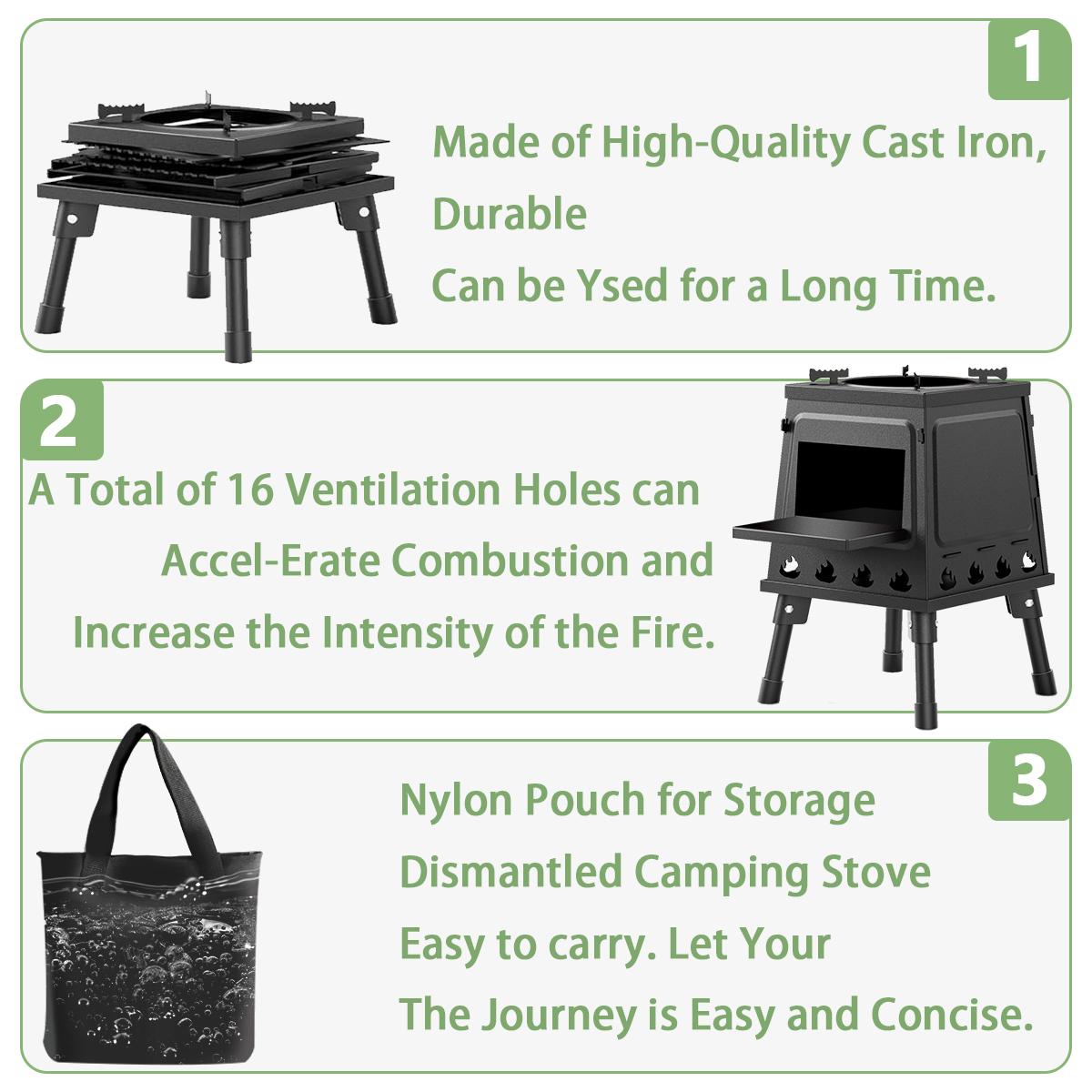 Wood Burning Camp Stove, Portable Cast Iron Wood Stove for Outdoor Hiking Picnic BBQ Travel, Black Camping Kitchenware Woodfire Grill