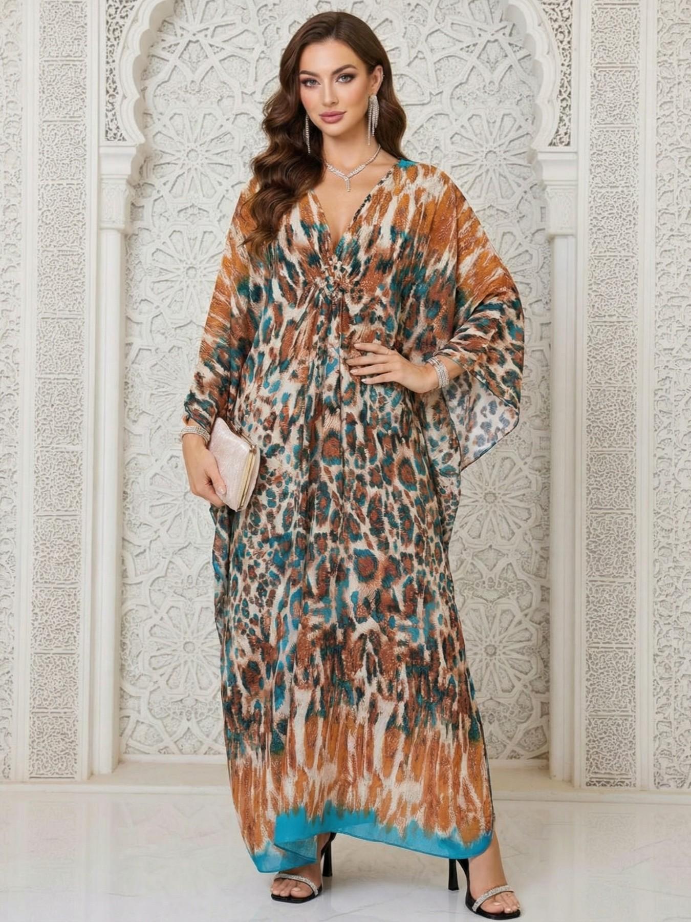Women's Leopard Print Batwing Sleeve Split Hem Kaftan Dress, Casual Modest Style V-Neck 3/4 Sleeve Long Dress for Fall & Winter, Women's Islamic Clothing for Daily Wear Women's Leopard Print Batwing Sleeve Split Hem Kaftan Dress, Casual Modest Style V-Neck 3/4 Sleeve Long Dress for Fall & Winter, Women's Islamic Clothing for Daily Wear