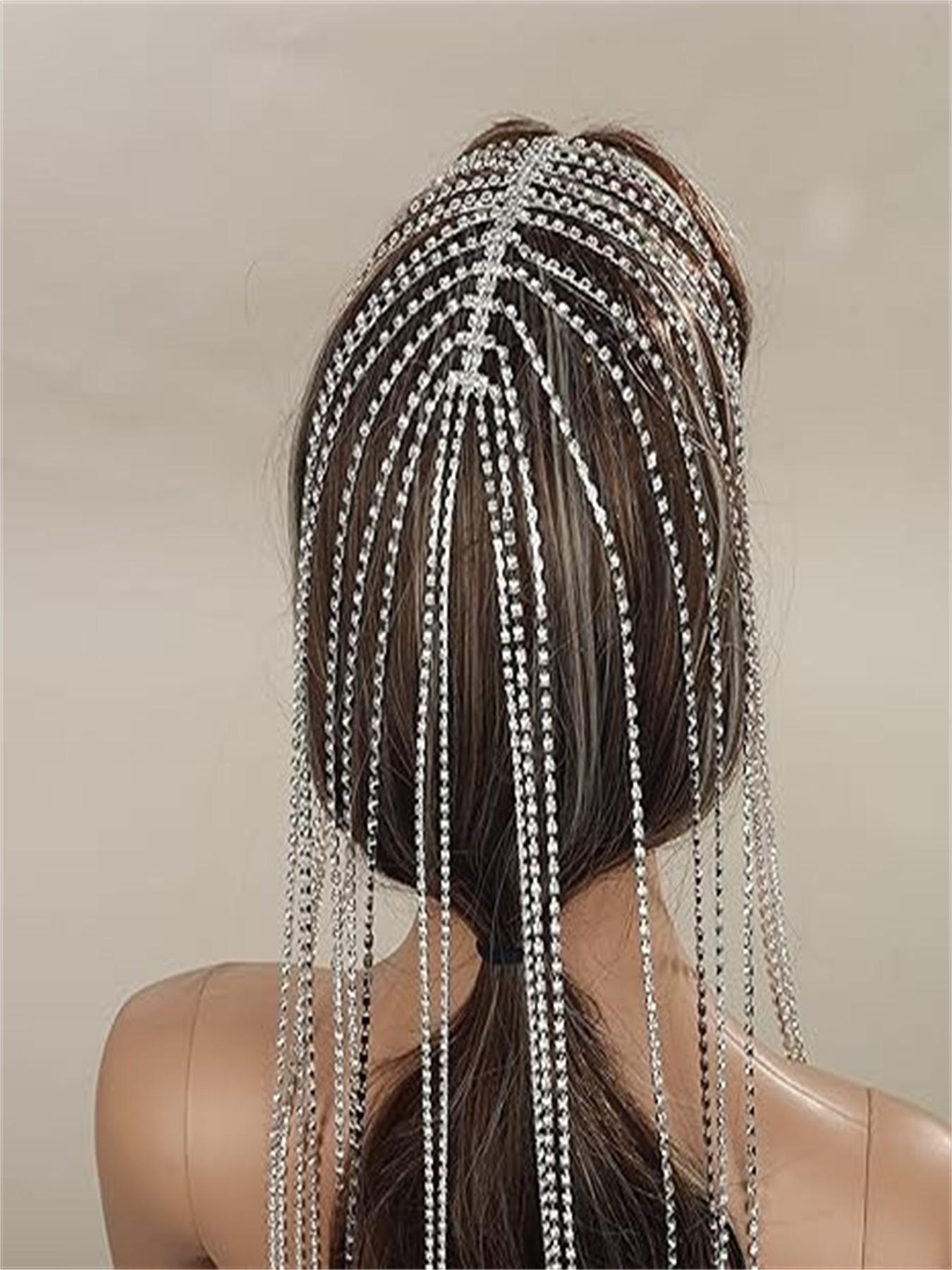 Elegant Silver Color Tennis Chain Headband with Rhinestones and Long Tassels, Crystal Hair Band for Wedding Bride Party Ball Gown