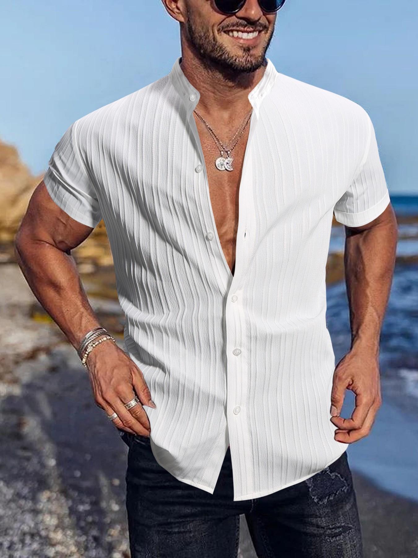 Men's Summer Solid Striped Casual Short Sleeve Stand Collar Menswear Shirt, Breathable Comfort Button-Up Top, Fashion Versatile Shirt for Daily Wear, Beach Vacation, Beachy Shirt