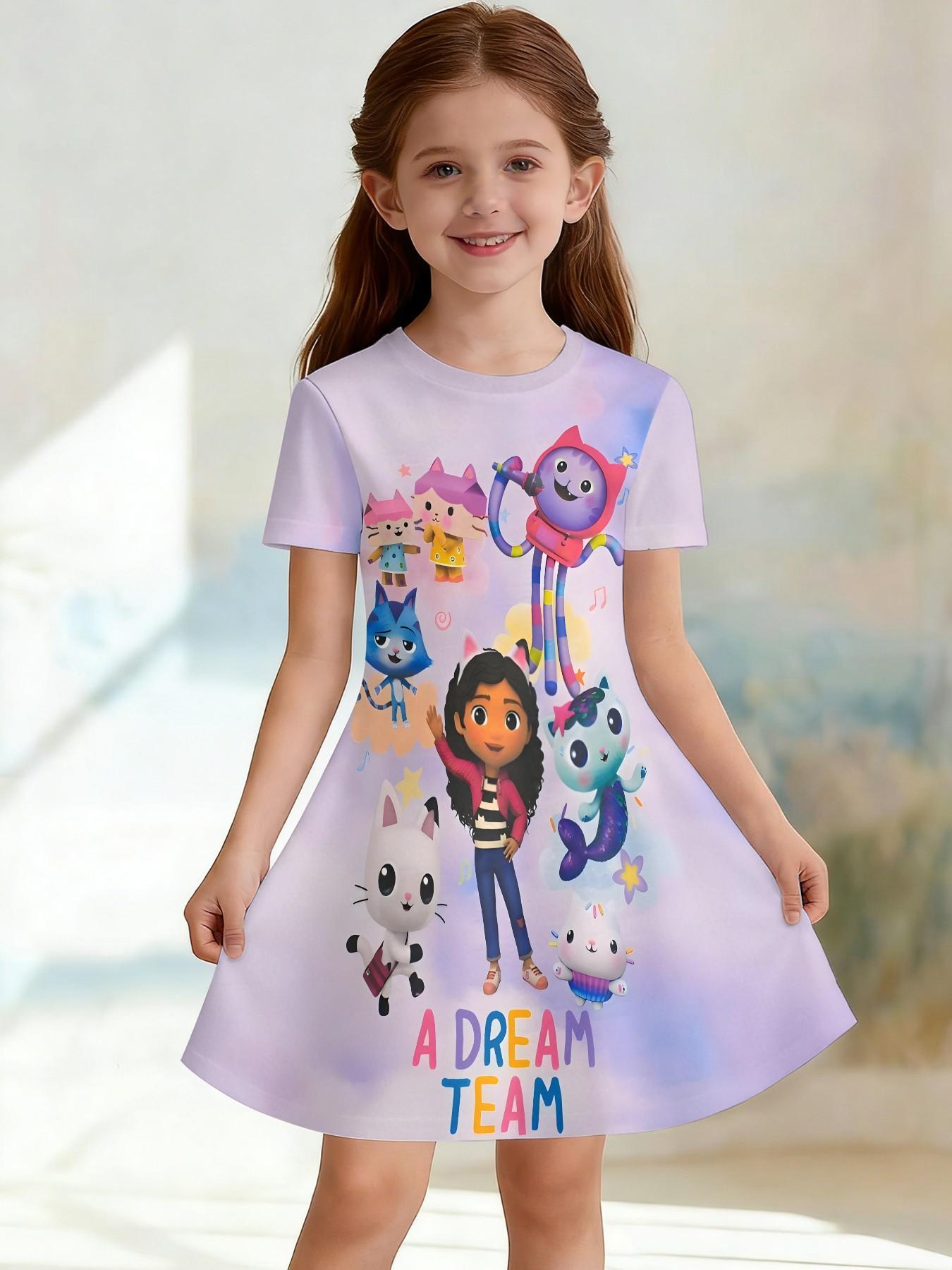 Girls' Base Gabby Team Full Print Dress, Cartoon Dream Team Short Sleeve A-Line Dress, Summer Casual Dress, Birthday Gift, Festival Gift