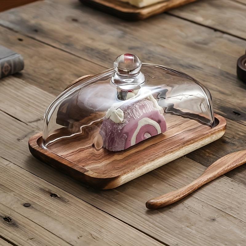A Wooden Butter Dish with a Glass Lid And Wooden Knife, Suitable for Butter, Cheese, And Snacks - a High-Quality Essential for Kitchen Baking, Featuring a Covered Butter Dish, a Snack Serving Tray, Elegant Table Decor, And Durable Kitchenware