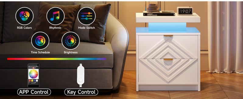 【Valentine's Day gift】ONBRILL White Nightstand with Charging Station and LED Lights, Smart Night Stand, Modern Bedside Table with Drawers, RGB Lights, Power Outlets, USB and Type-C Ports, End Side Table for Bedroom Office
