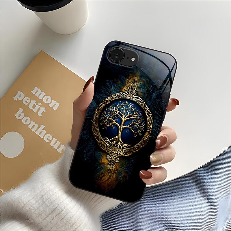 Suitable for [iPhone 16e] high-end phone case🤩， high-end patterns，blue and gold tree of life pattern new black phone，drop-resistant and fingerprint-proof YM99