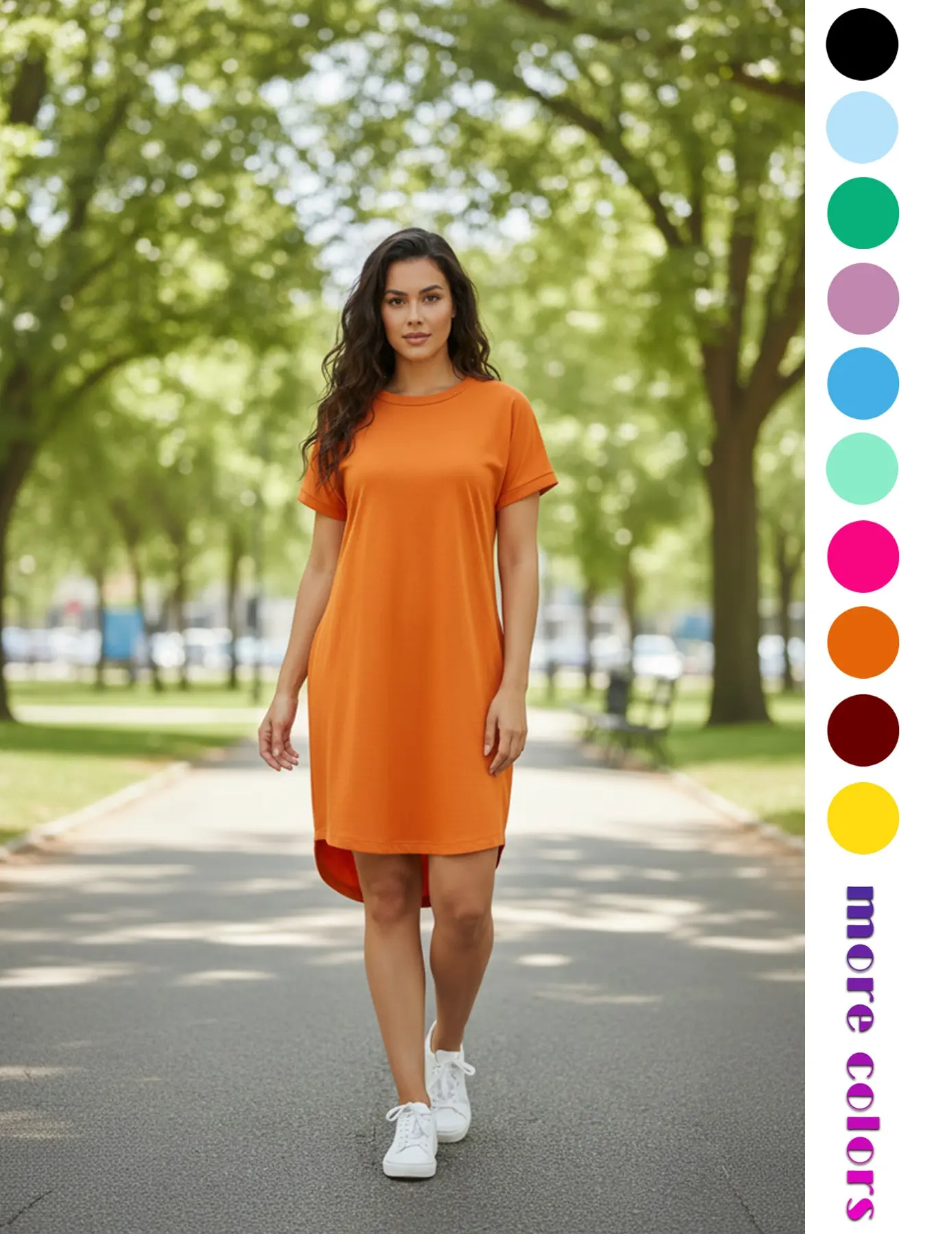 European and American loose dropped shoulder short-sleeved T-shirt dress with pockets Breathable Lazy style plus size lazy straight skirt Everyday casual Basic solid color Loungewear wear at home and outside a versatile base skirt
