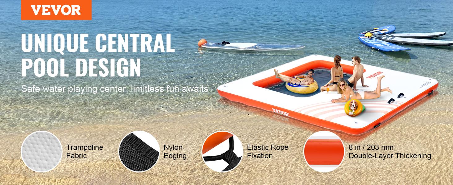 VEVOR Inflatable Floating Dock, 10x10FT Inflatable Dock Platform with 4*7FT Trampoline Mesh Pool, Non-Slip Floating Platform Water Mat with Portable Bag Detachable Ladder for Pool Beach Relaxation