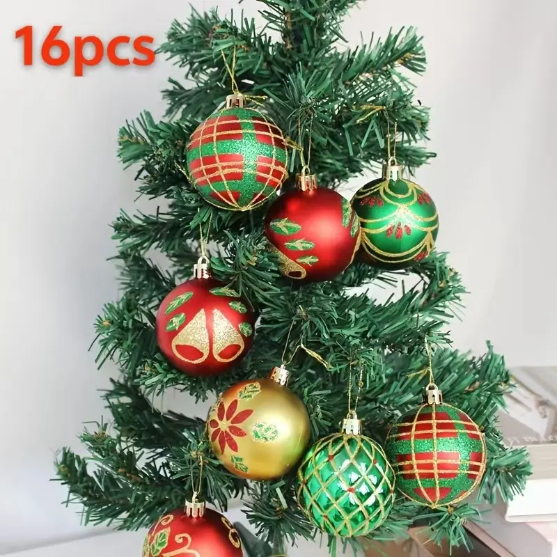 16pcs premium gift boxed Christmas ball set, including 16 2.36-inch painted decorations, used for tree decoration, plastic material.