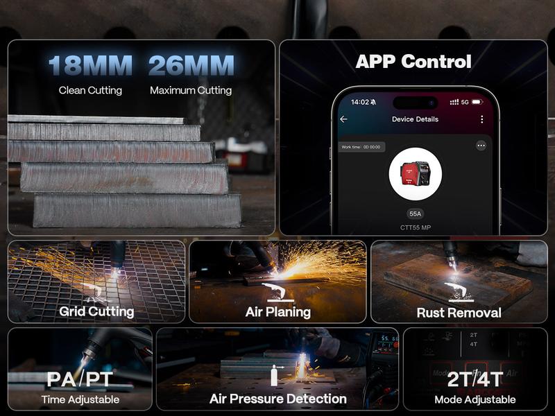 ARCCAPTAIN iControl [Non-HF] Plasma Cutter CUT55 MP with APP Control, 55Amp Blowback Pilot Arc, 120V/240V, Upgraded LED Display, Grid Cutting, Rust Removal, Plasma Gouging, Pressure Detection
