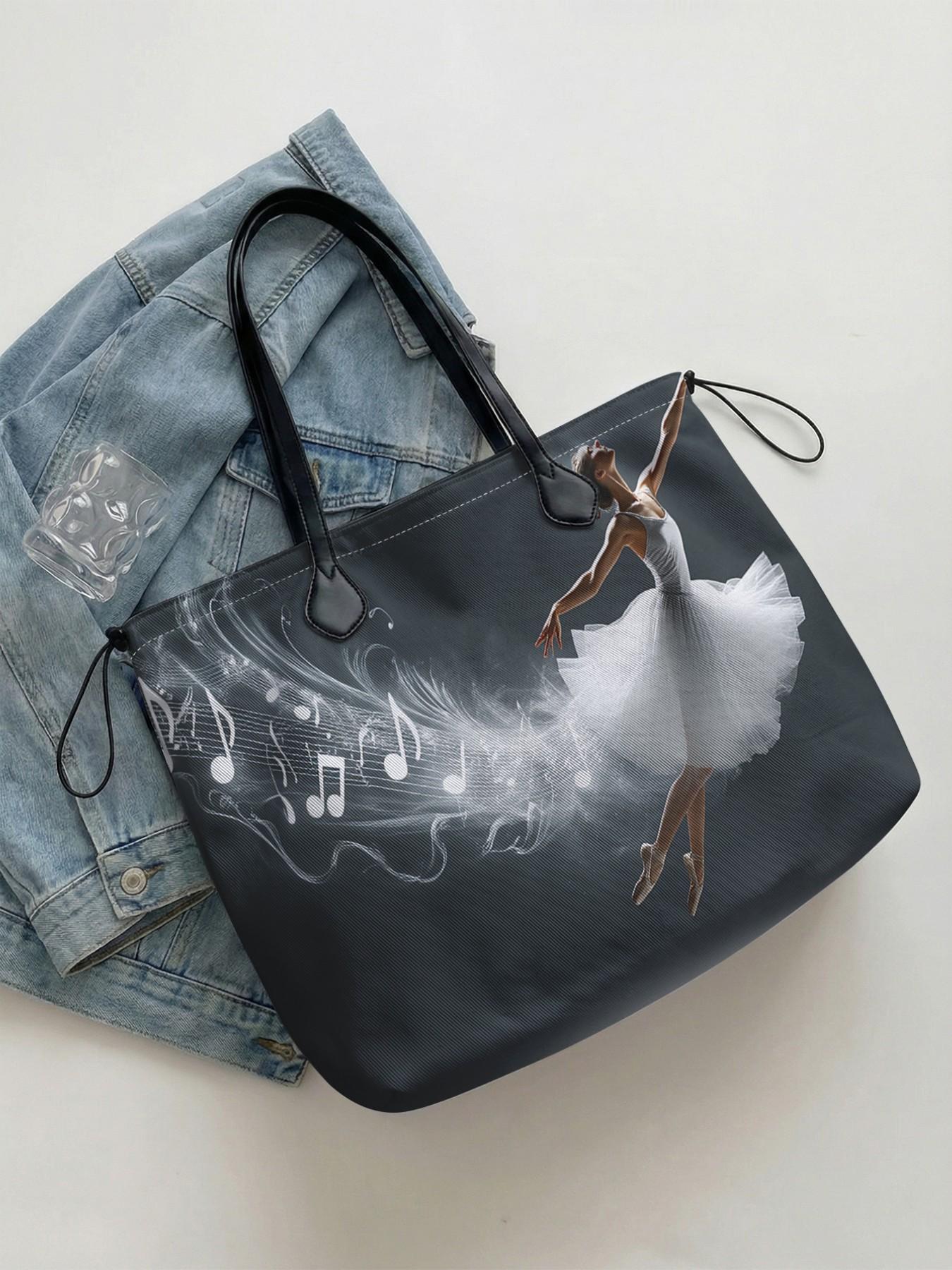 Dancer Pattern 2D Printed Drawstring Tote Bag, Large Capacity Shopping Bag, Durable and Wear-Resistant, Random Print, Casual Style