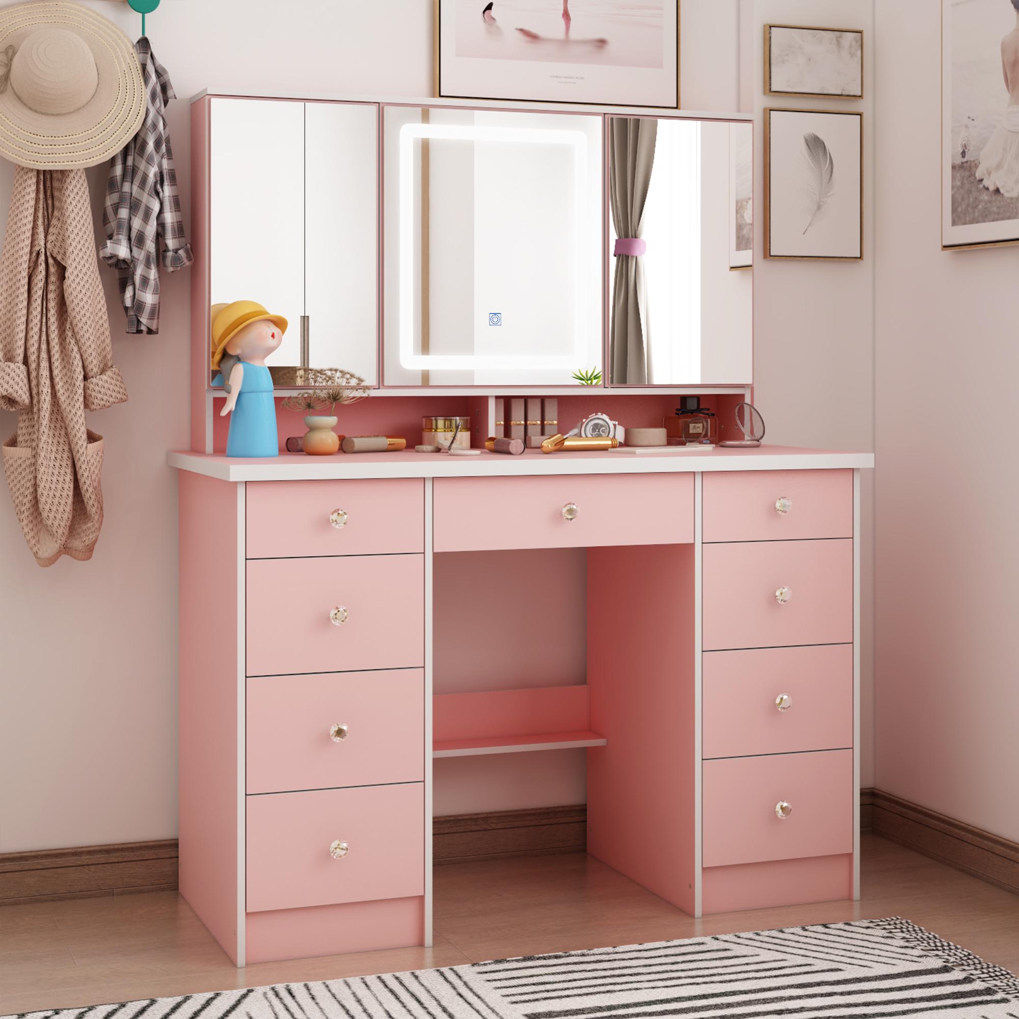 FUFUGAGA-43.3"W Vanity Desk With 9 Drawers, Makeup Desk With 3-Mirror And Touch Screen Light, Dressing Makeup Table For Bedroom