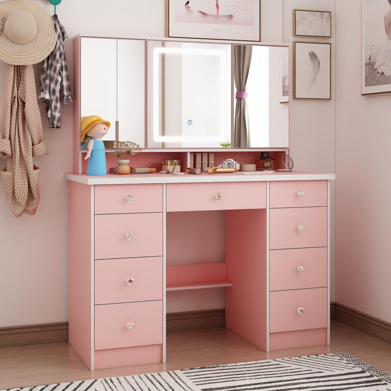 FUFUGAGA-43.3"W Vanity Desk With 9 Drawers, Makeup Desk With 3-Mirror And Touch Screen Light, Dressing Makeup Table For Bedroom