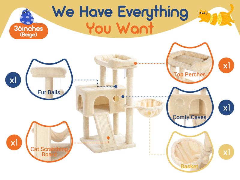 Allewie 36in/65in/68in  Multi-Level Tall Cat Tree for Indoor Cats/Larger Tower with Wide Base/Cozy Plush Cat Perches/Cat Condo with Hammock/Sisal Scratching Posts#TikTokShopfalldealsforyou