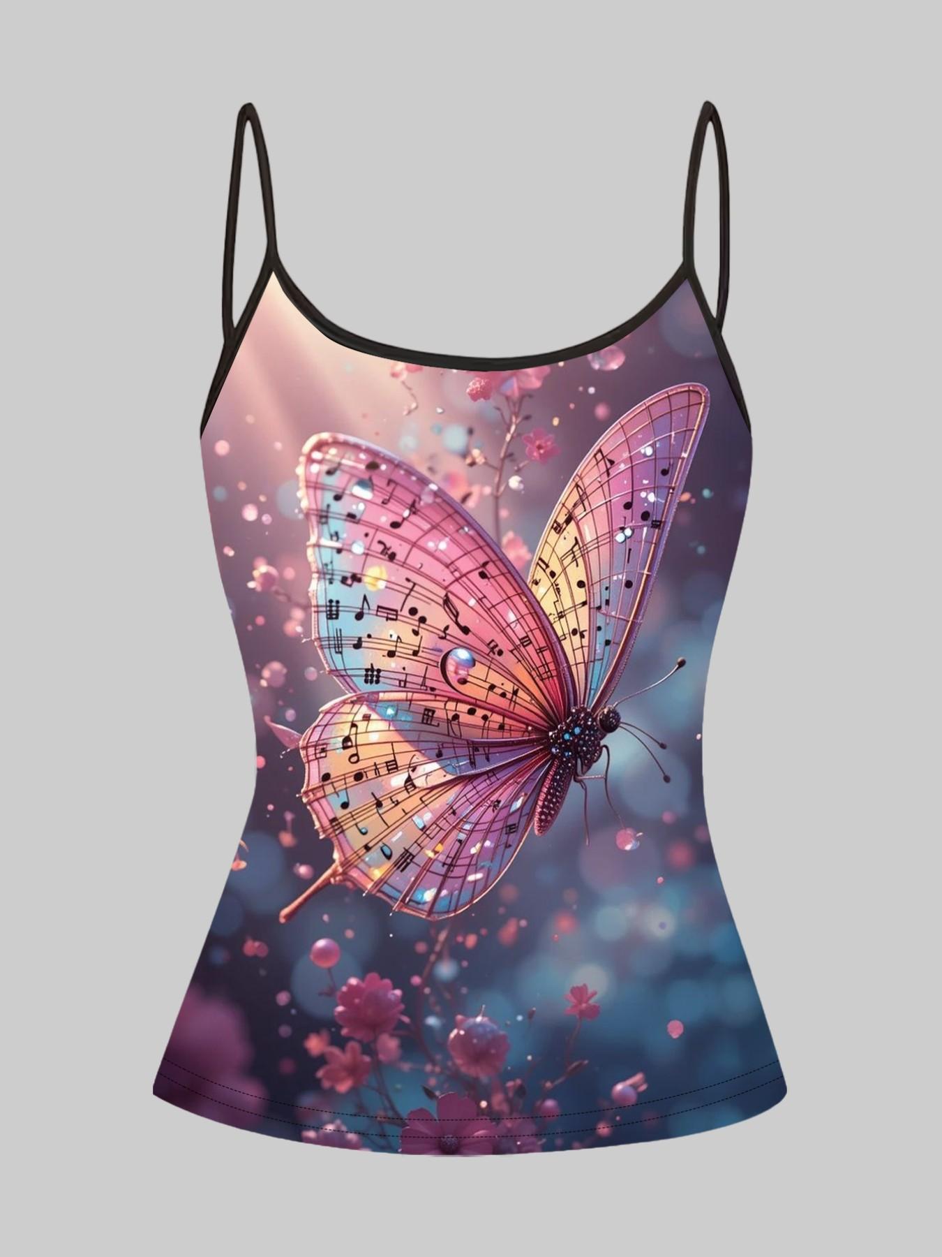 Dreamy Butterfly Note Print Straps, Summer Home Sleepwear Outer Wear, Unique Slim-Fitting Top, Four-Piece Set, Casual Style