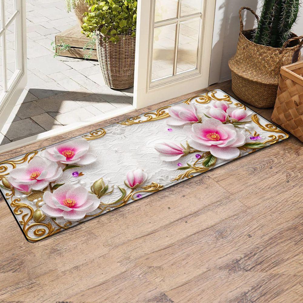 1PC， Pink and White Magnolia Flowers with Gold Ornaments Patterned strip rugs, home décor, bathroom mats, entryway mats, bathroom non-slip mats, indoor entrance rugs, bedroom bedside mats, kitchen mats, hallway rugs, flannel sponge rugs