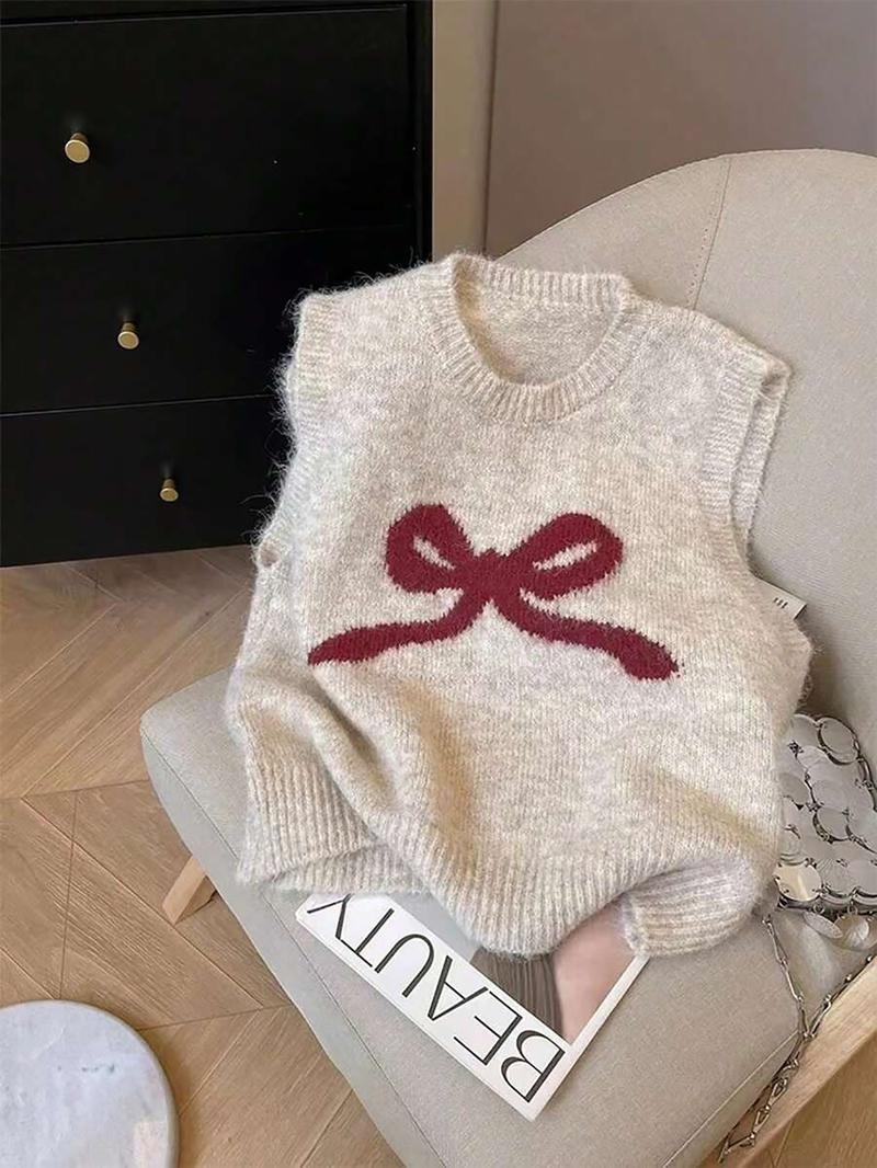 Sweet Bow Vest Knit Sweater, Autumn Winter Embroidered Pattern, Slim Fit Layered Wear, Soft Comfortable Sleeveless Top, Elegant Casual Style
