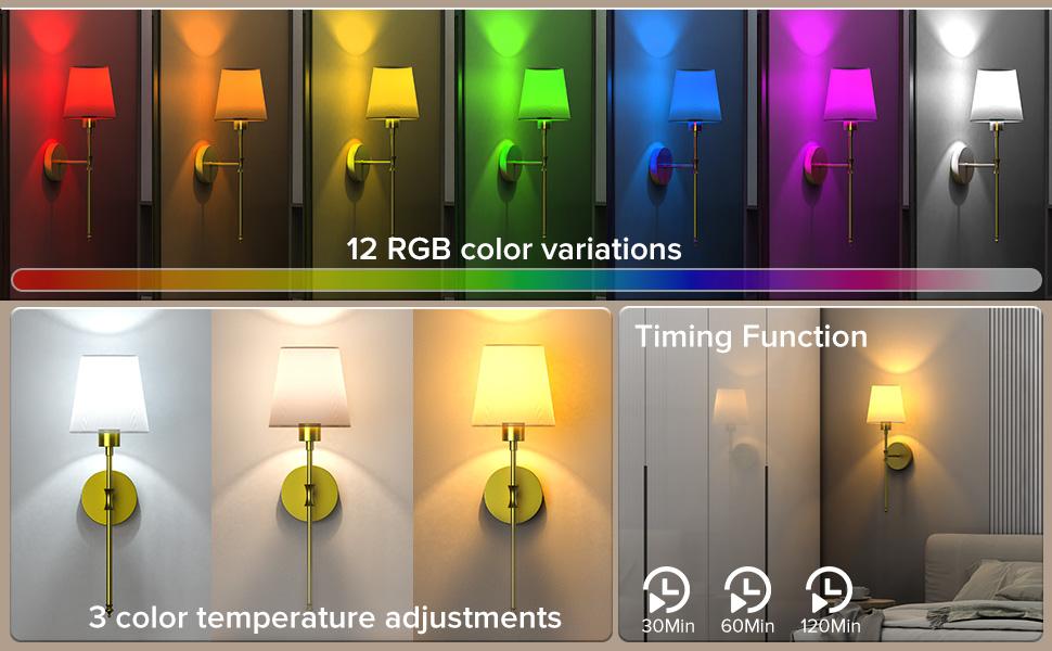 Viyawise Wall Lights Set of 2 with 2 Bulbs, 2 Type-C Cables & 2 Remotes – Battery Operated Wireless Wall Sconces, 9-Color Modes Rechargeable Lamps for Bedroom & Living Room