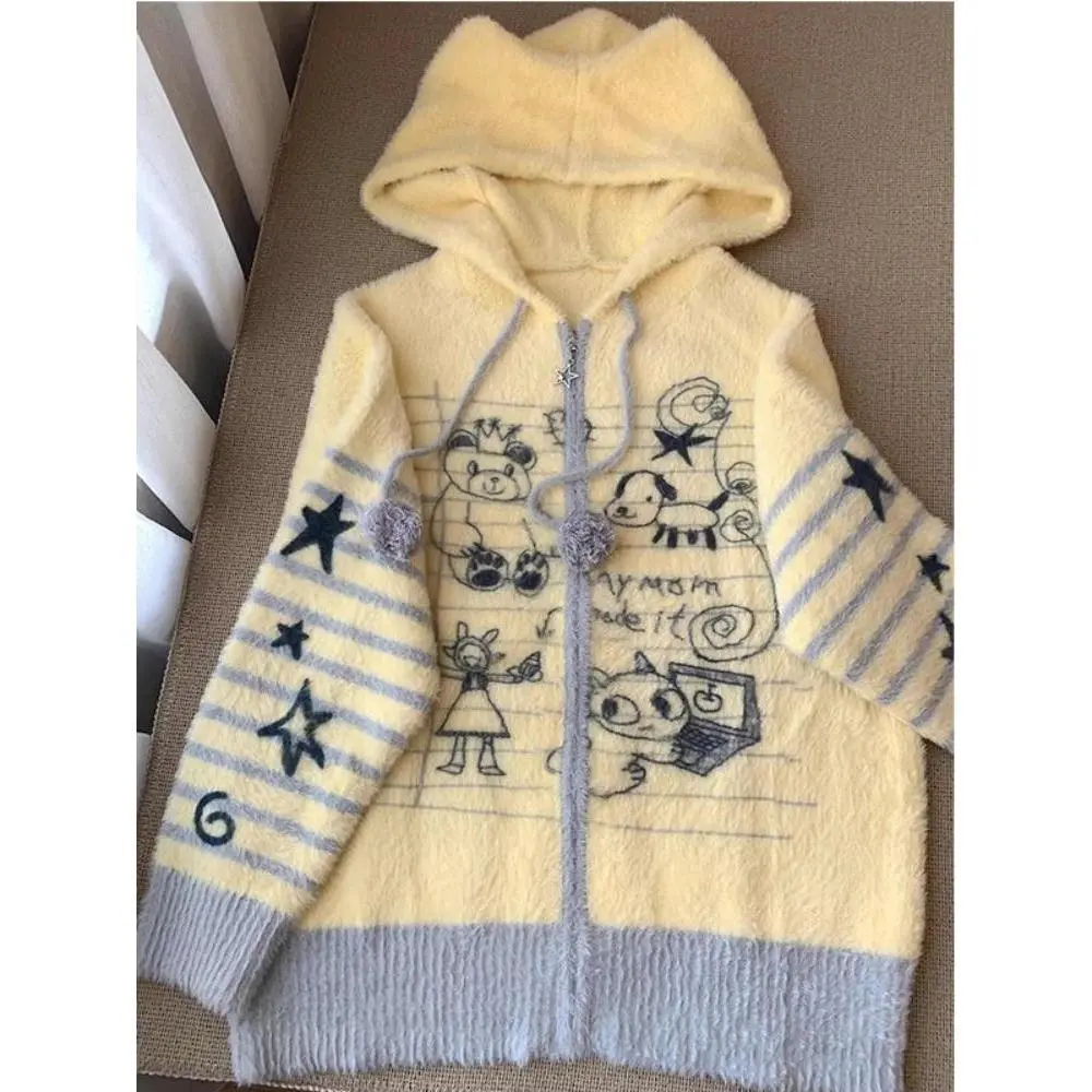 2026 Winter Slim Fit Knitted Sweater Women American Vintage Graffiti Print Hooded Cardigan Japanese Kawaii Sweet Daily Tops