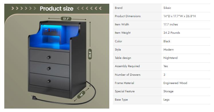 Sikaic LED Nightstand With Hutch Drawers Charging Station Furniture Home Table Tabletop Design