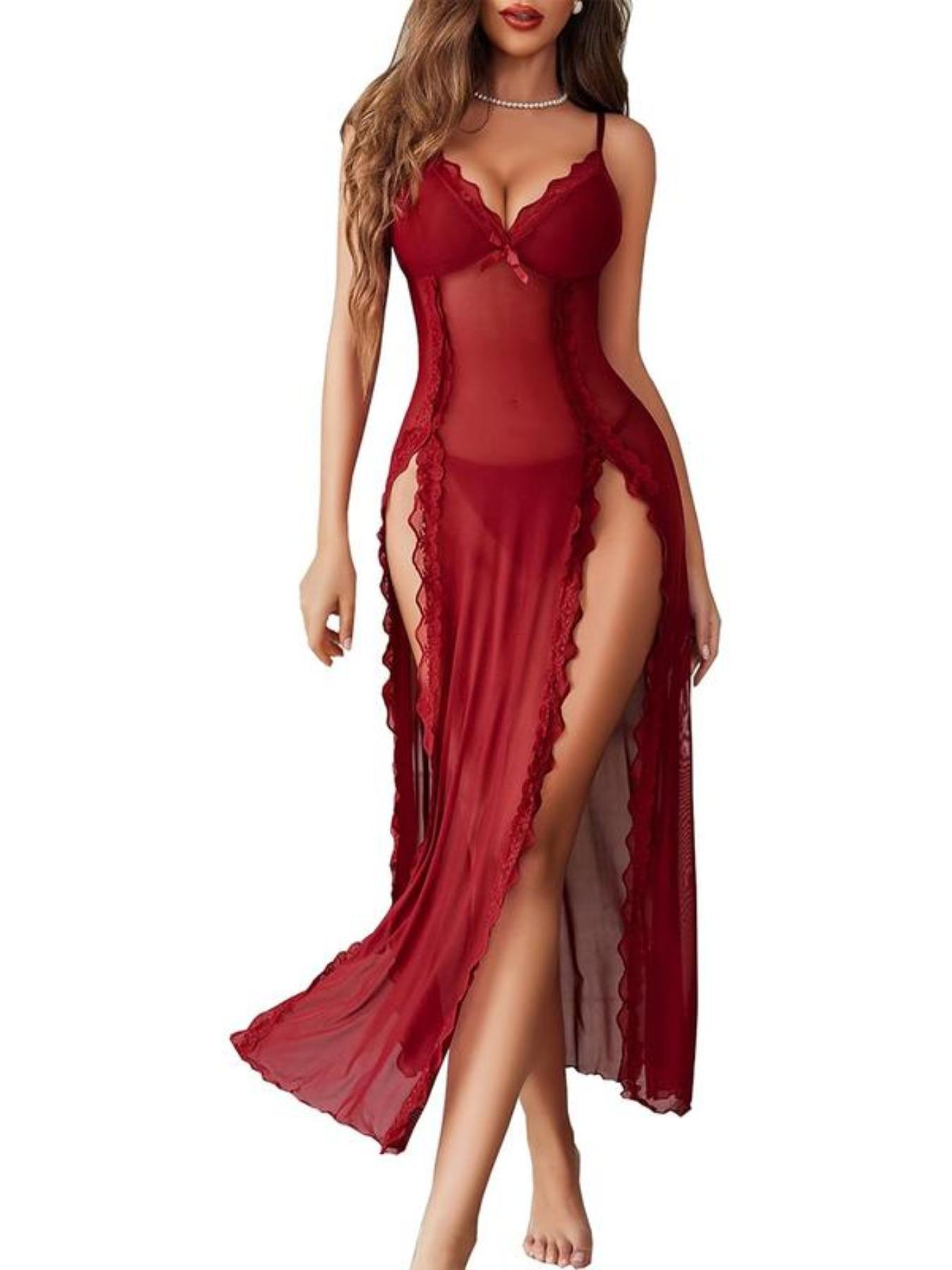 Women's Lace Sleepwear Mesh Backless Dress, Comfortable V Neck Side Slit Tight Dress for All Seasons