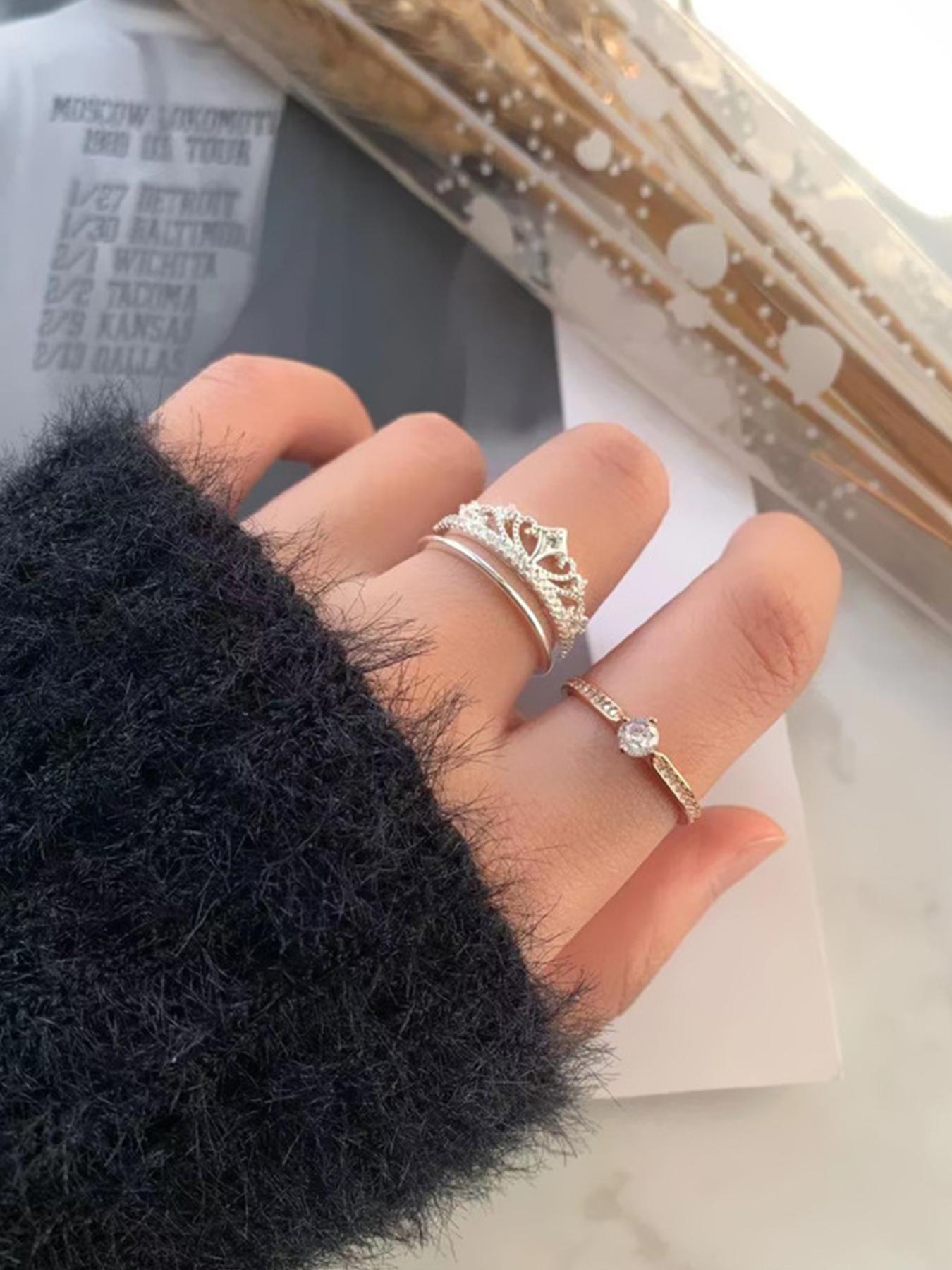 Fireworks Castle Ring, Princess Sparkling Diamond Crown Ring, Stackable Double-Layer Two-in-One Adjustable Rose Gold Ring, Engagement/Wedding Ring, Exquisite Jewelry Gift, Exquisite Trendy Ring