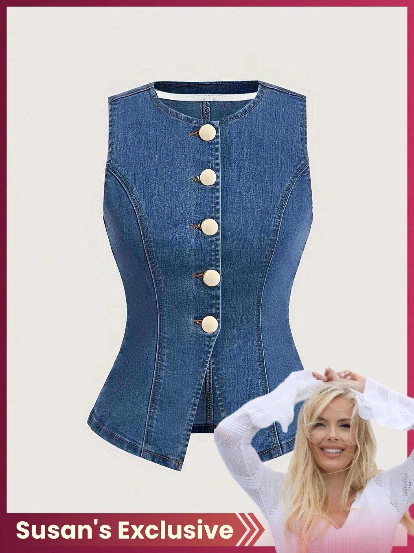 【Susan's Exclusive】Elegant Slim-Fit Sleeveless Denim Jacket for Women, High Stretch Fabric, Casual All Seasons Wear, Unique Stylish Design