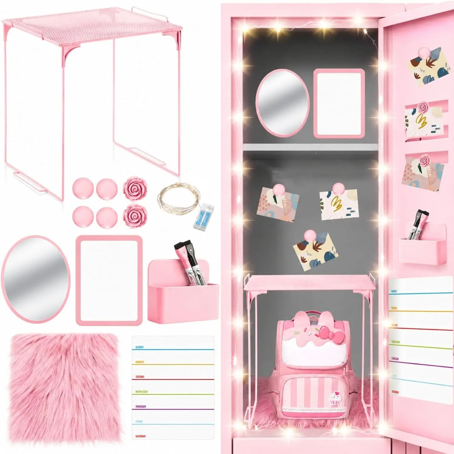 11 Pcs Back to School Locker Accessories Kit, Pink, Classic | Locker Shelf Magnetic Mirror Rug Weekly Schedule Whiteboard Pen Holder Marker and More, Locker Decor and Storage Needs