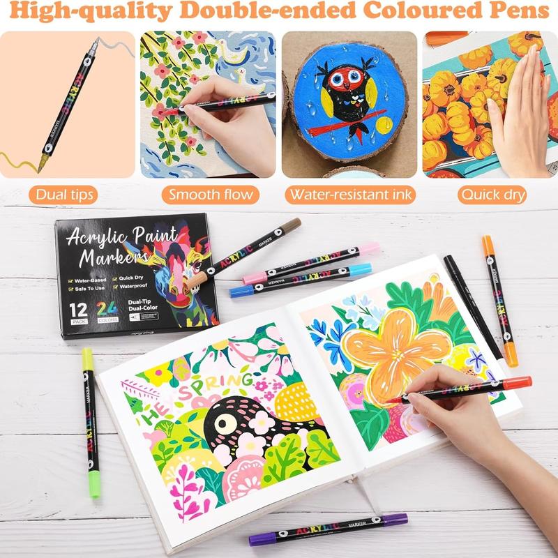Acrylic Paint Markers, 24/48/72/96/120 Colors, Dual Tips Dual Color, for Rock Painting, Canvas, Wood, Glass, Ceramic, Fabric, Plastic, Egg & Scrapbook